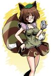  alcohol animal_ears asahi_breweries beer brown_eyes brown_hair futatsuiwa_mamizou glasses highres leaf leaf_on_head raccoon_ears raccoon_tail solo tail touhou yamu_(reverse_noise) 