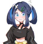  1girl bare_shoulders black_shirt blue_eyes blue_hair blush closed_mouth coral_(pokemon) coral_(pokemon)_(cosplay) cosplay flying_sweatdrops hair_ornament hairclip highres liko_(pokemon) looking_at_viewer midriff navel pokemon pokemon_(anime) pokemon_horizons seiun_(hoshigumo_72) shirt solo sweatdrop twintails upper_body white_background 