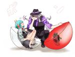  1boy 1girl blue_hair breasts cat closed_eyes commentary_request gashapon hanayama321 hand_on_own_face hat high_heels highres inkamuko kura_sushi large_breasts long_hair purple_shirt shirt short_hair simple_background smile squatting sunglasses vest waruiman white_background 