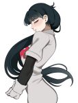  1girl absurdres ass black_eyes black_hair blush breasts closed_mouth dress from_side gloves highres long_hair looking_at_viewer own_hands_together pokemon pokemon_adventures porqueloin sabrina_(pokemon) sideways_glance simple_background smile solo standing straight_hair team_rocket team_rocket_uniform white_background white_dress white_gloves 