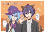  1boy 1girl alternate_costume animal_ears belt_collar biyo black_capelet black_collar black_eyes black_suit blue_eyes blue_hair border bow broom capelet claire_elford collar collared_shirt dark_blue_hair fake_animal_ears fake_tail fang gem ghost grey_shirt hair_between_eyes halloween halloween_costume hand_up happy_halloween hat hat_bow highres holding holding_broom looking_at_viewer multicolored_hair open_mouth orange_background outline paw_pose purple_bow purple_hat red_hair shirt short_hair single_hair_tube sparkle streaked_hair striped_bow suit tail teeth upper_teeth_only white_border white_outline white_shirt wilardo_adler witch&#039;s_heart witch_hat zzz 