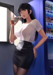  1girl black_skirt blue_eyes bottle breasts brown_hair brown_pantyhose highres large_breasts long_hair looking_at_viewer open_mouth original pantyhose pencil_skirt shirt short_sleeves skirt solo thighs vending_machine wa_(genryusui) white_shirt 