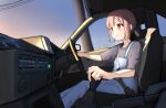  1girl black_shirt blue_hair blue_overalls blunt_bangs blunt_ends brown_eyes brown_hair car_interior check_vehicle commentary driving highres hozuki_momiji light_blush misori_mania multicolored_hair onii-chan_wa_oshimai! overalls seatbelt shirt short_hair short_ponytail short_sleeves sitting smile solo sunset toyota_86 two-tone_hair 