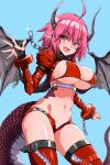  1girl ahoge aqua_background blush breasts brown_eyes chain commission dragon_girl dragon_horns dragon_tail dragon_wings highres horns large_breasts navel original pink_hair pixiv_commission pointy_ears shitagani short_hair simple_background slit_pupils solo tail wings 