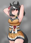  1girl absurdres animal_ears armpits arms_up bare_shoulders black_hair blush breasts cleavage cleavage_cutout clothing_cutout commentary_request cowboy_shot highres horse_ears horse_girl horse_tail kitasan_black_(umamusume) large_breasts looking_at_viewer mintia1911 multicolored_clothes multicolored_hair obi open_mouth orange_shirt orange_skirt red_eyes sash shirt skindentation skirt smile solo streaked_hair sweat tail teeth thighhighs two_side_up umamusume very_sweaty white_hair 