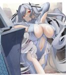  1girl absurdres arms_behind_head bodysuit breasts cinderella_(nikke) cleavage cleavage_cutout closed_mouth clothing_cutout frown goddess_of_victory:_nikke grey_bodysuit grey_hair highres large_breasts leg_cutout long_hair navel navel_cutout phantasmaliagon red_eyes solo twintails very_long_hair 
