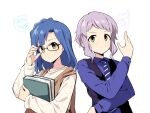  2girls adjusting_eyewear black-framed_eyewear black_vest blue_hair blue_necktie blue_shirt book brown_eyes closed_mouth collared_shirt diagonal-striped_clothes diagonal-striped_necktie glasses hand_up hugging_object idolmaster idolmaster_million_live! long_hair long_sleeves looking_at_viewer makabe_mizuki multiple_girls nanao_yuriko necktie purple_hair shirt simple_background striped_clothes uccow upper_body vest white_background white_shirt 