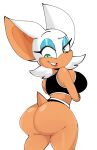 absurd_res anthro aquelelazy bat breasts clothing eyeshadow female fur green_eyes hi_res lipstick looking_back makeup mammal meme meme_clothing rouge_the_bat sega simple_background smile solo sonic_the_hedgehog_(series) tan_body tan_skin white_body white_fur