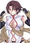  1girl angry bareisyotaro breasts cleavage cleavage_cutout clenched_hands clenched_teeth clothing_cutout grabbing grabbing_another&#039;s_breast groping hand_on_another&#039;s_hip highres koutetsu_no_majo_annerose large_breasts lee_mayfeng lilith-soft midriff navel red_eyes restrained tearing_up teeth torso_grab 