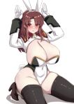  1girl animal_ears arms_up blush breasts brown_eyes brown_hair cleavage covered_navel cropped_jacket fake_animal_ears fake_tail gundam gundam_seed hand_up highleg highleg_leotard highres huge_breasts leotard lipstick long_hair long_sleeves looking_at_viewer makeup murrue_ramius playboy_bunny rabbit_ears rabbit_pose rabbit_tail revealing_clothes satou_(kuso-neet) shrug_(clothing) simple_background solo strapless strapless_leotard tail thighhighs uniform 