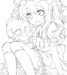  1girl ascot back_bow bow collared_shirt denchu_(kazudentyu) feet_out_of_frame flandre_scarlet frilled_shirt_collar frilled_skirt frilled_sleeves frills greyscale hair_between_eyes hat highres holding holding_skull kneehighs lineart long_hair looking_at_viewer making-of mob_cap monochrome open_mouth puffy_short_sleeves puffy_sleeves shirt short_sleeves sketch skirt skull socks solo touhou vest 