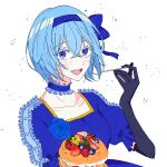  1girl black_gloves blue_bow blue_choker blue_dress blue_eyes blue_hair blue_hairband bow cake choker claire_elford collarbone colored_eyelashes dress elbow_gloves food fork frilled_choker frills gloves hair_bow hairband holding holding_cake holding_food holding_fork jaggy_lines light_blush looking_at_viewer nunso open_mouth puffy_short_sleeves puffy_sleeves short_hair short_sleeves simple_background smile solo sparkle teeth upper_teeth_only white_background witch&#039;s_heart 