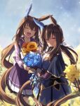  2girls admire_vega&#039;s_twin_sister_(umamusume) admire_vega_(umamusume) animal_ears blue_flower blue_skirt blue_sky blush bouquet bow breasts brown_hair closed_eyes ear_covers flower hair_between_eyes highres horse_ears horse_girl horse_tail long_hair long_sleeves looking_at_viewer low_ponytail multiple_girls open_mouth ponytail purple_eyes purple_shirt red_flower rose sailor_collar school_uniform shirt siblings single_ear_cover skirt sky smile starheart sunflower tail tracen_school_uniform umamusume yellow_flower 