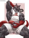 amon-sydonai anthro balls canid canine canis clothed clothing demon genitals hi_res hybrid long_tongue male mammal muscular muscular_anthro muscular_male muscular_thighs nipples partially_clothed pecs penis solo tongue tongue_out wolf