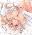  animal_ears blush breasts cleavage covered_nipples downblouse dutch_angle hasu_(hk_works) inubashiri_momiji large_breasts looking_at_viewer lying no_bra no_pants on_back on_bed panties red_eyes side-tie_panties silver_hair solo striped striped_panties tail thigh_gap touhou underwear untied white_hair wolf_ears wolf_tail 