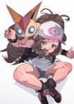  1girl baseball_cap black_footwear black_vest brown_hair commentary denim denim_shorts fu-ta green_eyes hat highres hilda_(pokemon) indian_style long_hair open_mouth panties panty_peek poke_ball poke_ball_(basic) poke_ball_print pokemon pokemon_(creature) pokemon_bw shirt shoes short_shorts shorts sitting surprised underwear vest victini white_shirt wristband 