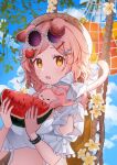  1girl :o animal_ears animal_on_shoulder arknights backlighting bag blue_sky blush cat cat_ears cat_girl clothing_cutout commentary eyewear_on_head food food-themed_hair_ornament frilled_shirt frills fruit goldenglow_(arknights) goldenglow_(summer_flowers)_(arknights) hair_ornament hairclip hammock infection_monitor_(arknights) looking_at_viewer mango open_mouth outdoors pink_cat pink_hair purple-tinted_eyewear shan_(ti0n) shirt short_hair shoulder_cutout sky solo tinted_eyewear watermelon watermelon_hair_ornament white_shirt yellow_eyes 