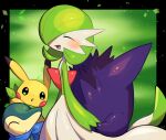  back-to-back blue_scarf bob_cut closed_eyes colored_skin cyndaquil dress gardevoir gengar ghost green_background green_hair green_scarf highres holding_hands multicolored_skin nullma open_mouth pikachu pokemon pokemon_(creature) pokemon_mystery_dungeon scar scarf smile two-tone_skin white_dress white_skin 