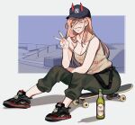  1girl :d absurdres baseball_cap beer_bottle belt black_belt black_footwear blush chainsaw_man closed_eyes demon_horns green_pants grin happy hat highres horns new_york_yankees orange_hair pants porqueloin power_(chainsaw_man) print_shirt red_horns shirt shoes sitting skateboard smile sneakers solo strap_slip tank_top v 