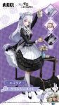  1girl alternate_costume apron black_dress coffee_cup coffee_mug cup disposable_cup dress emilia_(re:zero) flower frilled_apron frills goddess_of_victory:_nikke grey_hair hair_flower hair_ornament highres holding holding_tray long_hair long_sleeves looking_at_viewer maid maid_apron maid_headdress mug official_alternate_costume purple_eyes re:zero_kara_hajimeru_isekai_seikatsu smile teacup tray white_flower white_hair x_hair_ornament 