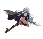  1girl ahoge aqua_hair braid breasts cloak dark-skinned_female dark_skin elf full_body hair_intakes highres holding holding_weapon lance lekoifish leotard long_hair pointy_ears polearm purple_cloak red_eyes rosalinde_(unicorn_overlord) simple_background solo thighs unicorn_overlord very_long_hair weapon white_background 