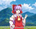  1girl ascot bow brown_eyes chest_sarashi commentary commission cosplay detached_sleeves english_commentary english_text grass hair_bow hakurei_reimu hakurei_reimu_(cosplay) hand_on_own_hip highres long_hair meimu mountain neferkitty open_mouth purple_hair red_skirt ribbon-trimmed_sleeves ribbon_trim sarashi signature skirt skirt_set solo subtitled touhou upper_body watermark yellow_ascot 