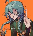  1boy ahoge aqua_hair artist_name ashe_bradley bags_under_eyes bow braid english_commentary green_jacket hair_bow hand_up highres index_finger_raised jacket long_sleeves looking_up male_focus orange_background saiyakyun shaded_face simple_background small_pupils solo teeth twin_braids watermark witch&#039;s_heart yellow_bow yellow_eyes yellow_trim 