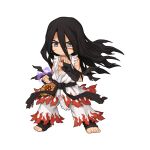  1boy arm_wrap belt black_belt black_hair championship_belt chibi clenched_hand closed_mouth cross cross_necklace cross_of_prontera eyes_visible_through_hair fighting_stance flame_print foot_wraps full_body hair_between_eyes jewelry long_bangs long_hair looking_at_viewer male_focus necklace official_alternate_costume official_art pants ragnarok_online scar scar_on_chest shirt sidelocks simple_background solo standing sura_(ragnarok_online) tachi-e transparent_background v-shaped_eyebrows very_long_hair white_pants white_shirt yuichirou 