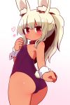  1girl animal_ear_fluff animal_ears ass bangs bare_shoulders blonde_hair blush breasts bunny_ears bunny_girl bunny_tail bunnysuit closed_mouth commentary_request dark_skin eyebrows_visible_through_hair gradient gradient_background hair_between_eyes hand_up heart heart-shaped_pupils high_ponytail highres leotard looking_at_viewer looking_back masurao_(sekaiju) naga_u pink_background ponytail purple_leotard red_eyes sekaiju_no_meikyuu sekaiju_no_meikyuu_5 sidelocks small_breasts solo strapless strapless_leotard symbol-shaped_pupils tail white_background wrist_cuffs 