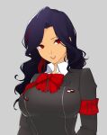  1girl armband black_hair black_jacket bow bowtie breasts collared_shirt eyelashes gekkoukan_high_school_uniform grey_background highres jacket kat_(kattaeto) long_hair mole mole_under_eye multicolored_hair nijisanji nijisanji_en parted_lips persona persona_3 red_armband red_bow red_bowtie red_eyes red_hair scarle_yonaguni school_uniform shirt smile solo streaked_hair tan upper_body virtual_youtuber white_shirt 