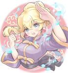 1girl artist_name black_sash blonde_hair blue_eyes braid braided_ponytail changpao chinese_clothes clenched_hand earrings high_ponytail highres jewelry konata_w1225 kung_fu_peach looking_at_viewer mario_(series) official_alternate_costume official_alternate_hairstyle open_mouth princess_peach princess_peach:_showtime! purple_shirt sash shirt solo sphere_earrings upper_body waist_sash watermark 