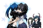  black_hair black_rock_shooter black_rock_shooter_(character) blood blue_eyes blue_hair blush cheek-to-cheek claws closed_eyes dead_master dual_persona green_eyes heart hood hoodie hug kuroi_mato midriff multiple_girls negresco nosebleed scar school_uniform serafuku short_twintails smile sparkle takanashi_yomi twintails 