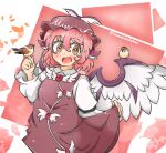  1girl animal animal_ears bird bird_ears bird_wings blush brown_dress brown_eyes brown_hat collared_shirt dress earrings hat jewelry long_sleeves mystia_lorelei open_mouth pink_hair shirt short_hair single_earring sleeve_garter smile solo sparrow touhou twitter_username white_shirt white_wings winged_hat wings yamabikoyahoo 