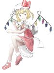  1girl absurdres blonde_hair dress fangs flandre_scarlet full_body hat hat_ribbon highres luciyum lying non-web_source red_dress red_eyes red_ribbon ribbon self-upload short_hair simple_background smile solo touhou waist_ribbon white_background 