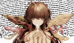  1girl ahoge angel_wings asymmetrical_wings body_horror breasts brown_eyes brown_hair chan8016 closed_mouth completely_nude covering_own_mouth distortion dot_nose empty_eyes expressionless feathered_wings feathers highres holding holding_feather leaf_wings long_hair looking_at_viewer mismatched_wings nude own_hands_clasped own_hands_together sayonara_wo_oshiete sidelocks small_breasts solo sugamo_mutsuki translation_request upper_body white_background white_feathers wings 