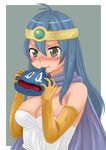  ahoge baozi blue_hair blush breasts brown_eyes cape circlet cleavage dragon_quest dragon_quest_iii eating elbow_gloves food gloves highres jpeg_artifacts kumikouj large_breasts sage_(dq3) slime_(dragon_quest) tears upper_body wavy_mouth 