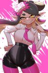  +_+ 1girl black_shorts blush breasts callie_(splatoon) collared_shirt earrings fangs gold_earrings grin hand_on_own_hip highres jewelry large_breasts long_sleeves looking_at_viewer mole mole_under_eye necktie pantyhose pero_(pero7762) pink_necktie pink_pantyhose pointy_ears shirt shorts smile solo splatoon_(series) teeth tentacle_hair white_shirt wide_hips yellow_eyes 