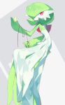  bob_cut chikichi colored_skin dress gardevoir green_hair grey_background hair_over_one_eye highres looking_at_viewer multicolored_skin pink_eyes pokemon pokemon_(creature) simple_background string two-tone_skin white_dress white_skin 
