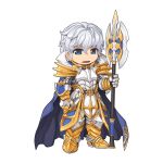  1boy armor armored_boots blue_cape blue_eyes boots breastplate cape chibi cross_of_prontera faulds full_body gauntlets grey_hair hair_between_eyes holding holding_polearm holding_weapon male_focus medium_bangs official_alternate_costume official_art open_mouth pauldrons polearm ragnarok_online royal_guard_(ragnarok_online) short_hair shoulder_armor simple_background smile solo spear standing tachi-e transparent_background weapon yuichirou 