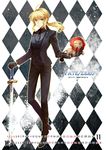  ahoge argyle argyle_background artoria_pendragon_(all) blonde_hair copyright_name excalibur fate/zero fate_(series) formal green_eyes hand_on_hilt lion long_hair pant_suit ponytail saber solo stuffed_animal stuffed_lion stuffed_toy suit sword weapon xingna 