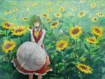  1girl ascot closed_eyes collared_shirt field flower flower_field ge_dazuo green_hair highres holding holding_umbrella kazami_yuuka long_sleeves medium_hair open_clothes open_vest parasol red_skirt red_vest shirt skirt skirt_set solo sunflower sunflower_field touhou umbrella vest white_shirt yellow_ascot yellow_flower 