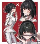  1girl :p arm_behind_back asymmetrical_eyes black_hair blood blood_on_clothes blood_on_face blood_on_hands blood_on_knife blood_on_weapon blunt_bangs blunt_ends border chef closed_mouth constricted_pupils cropped_legs evil_grin evil_smile grin half-closed_eye hand_up heart highres holding holding_knife knife limbus_company long_sleeves looking_at_viewer mu46016419 multiple_views outline outside_border pants project_moon red_background red_eyes ryoshu_(project_moon) short_hair simple_background smile standing tongue tongue_out weapon white_border white_outline white_pants 