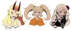  3girls absurdres black_gloves black_nails black_sclera blonde_hair breasts colored_extremities colored_sclera danganronpa_(series) danganronpa_2:_goodbye_despair demon_girl demon_horns earrings facial_mark fangs finger_to_mouth fingernails forehead_mark glasgow_smile gloves hair_ornament hand_in_mouth hands_up heart heart_facial_mark highres horns ibaraki_douji_(fate) japanese_clothes jewelry kaijin_hime_do-s kimono large_breasts lips long_fingernails long_sleeves marking_on_cheek multiple_girls open_mouth orange_eyes orange_kimono partially_shaded_face pointy_ears porqueloin red_eyes red_hands red_horns saionji_hiyoko sharp_teeth sideways_glance sleeves_past_wrists small_breasts straight_hair teeth tongue twintails 