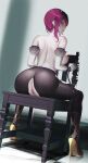  1girl anus ass breasts censored detached_sleeves fishnet_pantyhose fishnets from_behind frown genshin_impact high_heels highres mosaic_censoring nipples on_chair pantyhose pink_hair pussy rdy rosaria_(genshin_impact) short_hair sitting solo topless torn_clothes torn_pantyhose 
