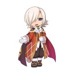  1boy ascot black_cape black_footwear black_pants blue_eyes cape chibi coat full_body gloves green_brooch hair_between_eyes long_bangs long_sleeves looking_at_viewer male_focus minstrel_(ragnarok_online) official_alternate_costume official_art open_mouth pants ragnarok_online red_cape red_coat red_vest shirt shoes short_hair simple_background socks solo standing tachi-e tassel transparent_background two-sided_cape two-sided_fabric v-shaped_eyebrows vest white_ascot white_gloves white_hair white_shirt white_socks yuichirou 