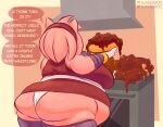 accessory amy_rose anthro appliance belly belly_overhang big_belly big_butt bracelet butt chili_dog clothing dress eulipotyphlan female food gloves hair_accessory hairband handwear hedgehog hi_res hot_dog huge_butt jewelry legwear mammal muffin_top obese overweight panties sega solo sonic_boom sonic_the_hedgehog_(series) speech_bubble stove sunsleptos thigh_highs underwear