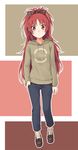  alternate_costume casual denim english hand_in_pocket highres hood hoodie jeans loafers long_hair mahou_shoujo_madoka_magica pants ponytail red_eyes red_hair ryuunosuke_(luckyneco) sakura_kyouko shoes socks solo wide_ponytail 