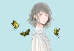  1girl blue_background bug butterfly closed_mouth commentary_request cube_earrings dress earrings expressionless frilled_dress frills from_side grey_hair highres hinao_(flowerrabbit2348) jewelry looking_at_viewer original shirt short_hair simple_background solo upper_body white_shirt yellow_butterfly yellow_eyes 