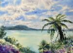  animal bird blue_sky bush cloud cloudy_sky day fern flower highres lake mountain mountainous_horizon original painting_(medium) palm_tree sapling scenery shibakaka sky traditional_media tree tropical water watercolor_(medium) 