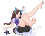  1girl absurdres animal_ears ass barefoot bike_shorts black_shorts bow braid breasts brown_hair commentary_request ear_covers ear_ornament feet feet_up foot_focus highres hokko_tarumae_(umamusume) horse_ears horse_girl horse_tail large_breasts low_twin_braids mintia1911 multicolored_hair puffy_short_sleeves puffy_sleeves purple_bow purple_eyes purple_shirt school_uniform shirt short_sleeves shorts simple_background skirt smile soles solo streaked_hair stuffed_toy summer_uniform tail toes tomachop twin_braids umamusume unworn_thighhighs white_background white_hair 